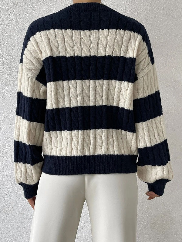 Color-Blocked Loose V-Neck Knitted Sweater for Women