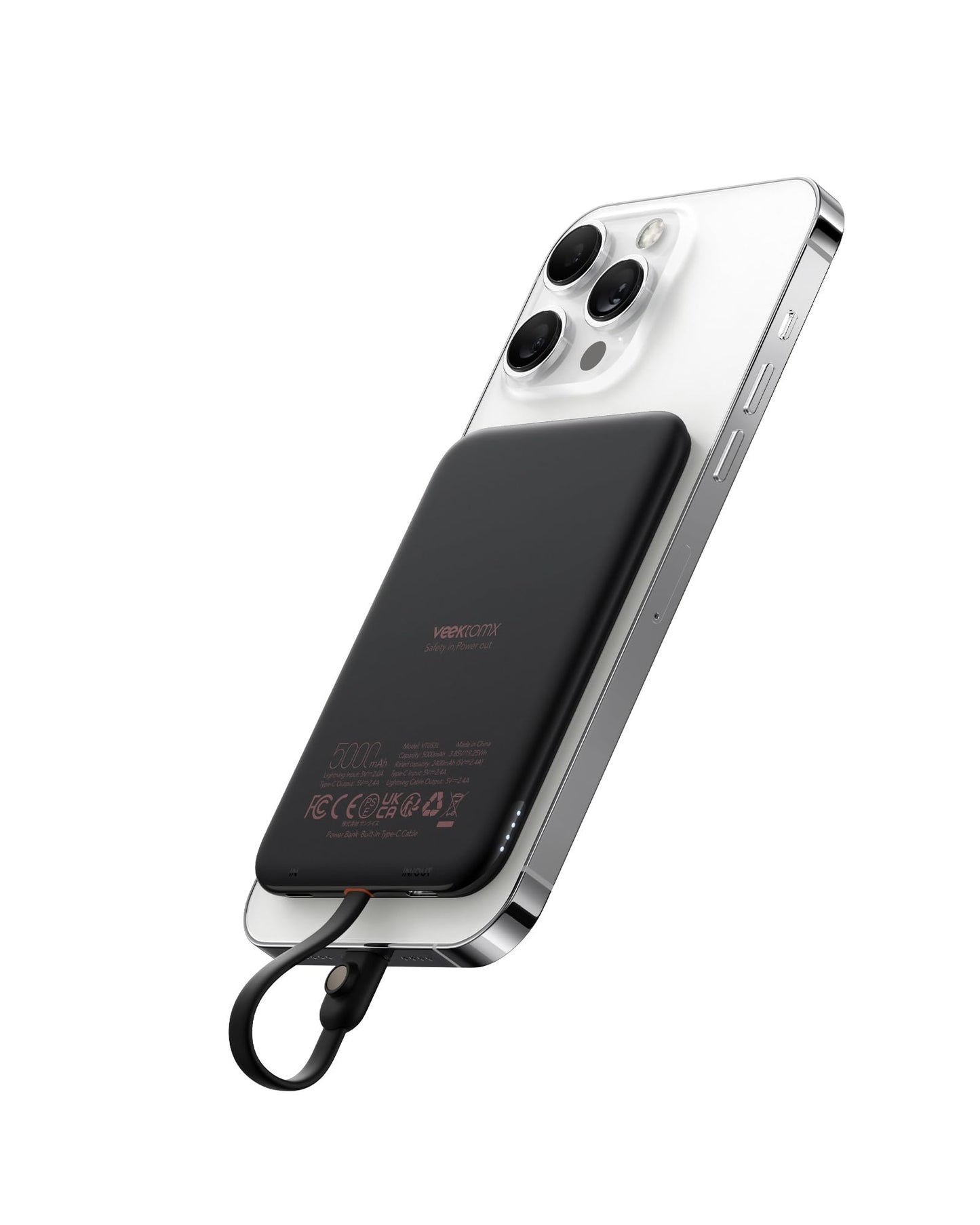 VEEKTOMX 5000mAh Slim Portable Charger with Built-in Lighting Cable - Power Bank Travel Phone Charger - External Battery Pack Compatible with AirPods/iPhone 14/13/12/11 Pro- Black