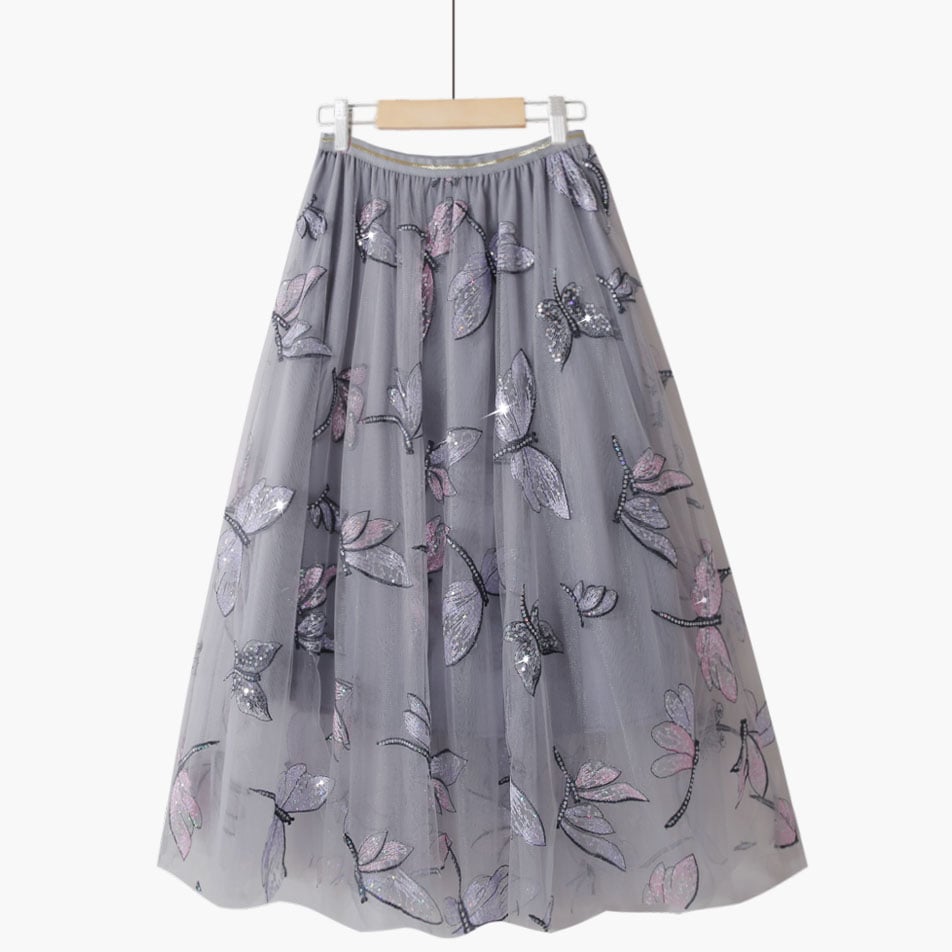 Golden Silk High Waist Retro Lace Dragonfly Skirt