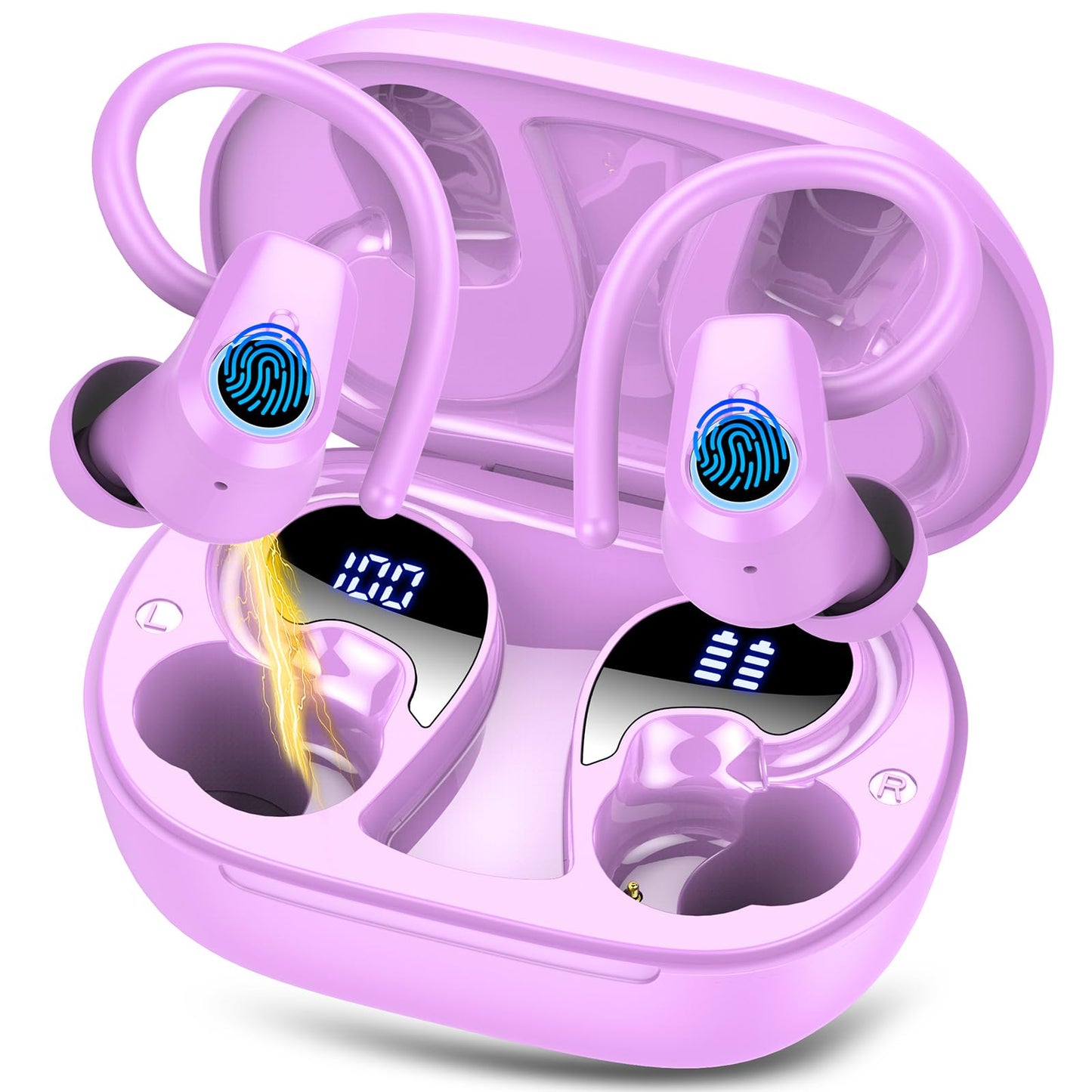 Wireless Earbuds Sport Headphones Bluetooth 5.3 Ear buds Wireless Earbuds Bluetooth 50H Playtime HD Stereo Noise Cancelling Earbuds Dual LED Display IP7 Waterproof Running Earphones Pure Purple