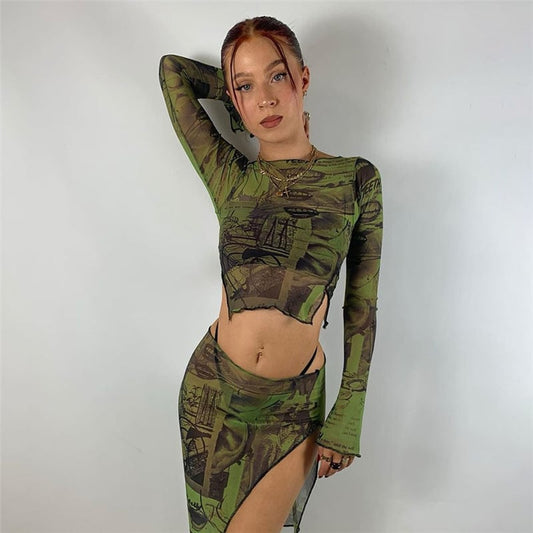 Women's Slim Fit Mesh Print Navel Top for Street Fashion