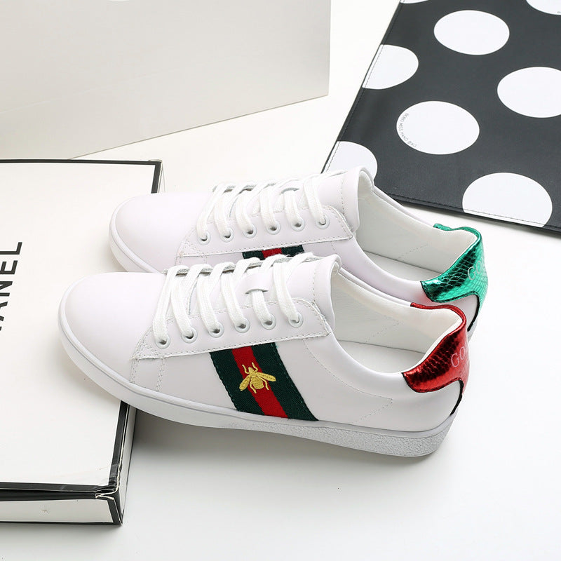 Genuine Leather White Sneakers with Bee Embroidery