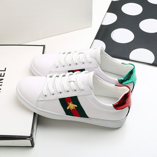 Genuine Leather White Sneakers with Bee Embroidery