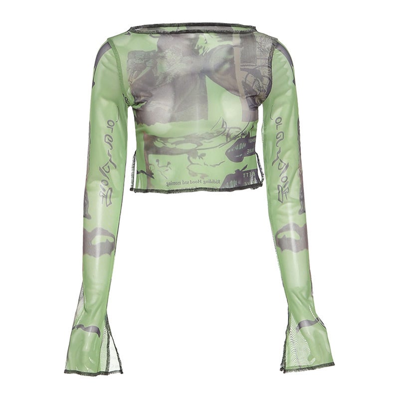 Women's Slim Fit Mesh Print Navel Top for Street Fashion