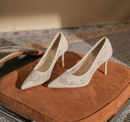 Beige Mesh High Heel Women's Shoes with Rhinestones (One Pair)