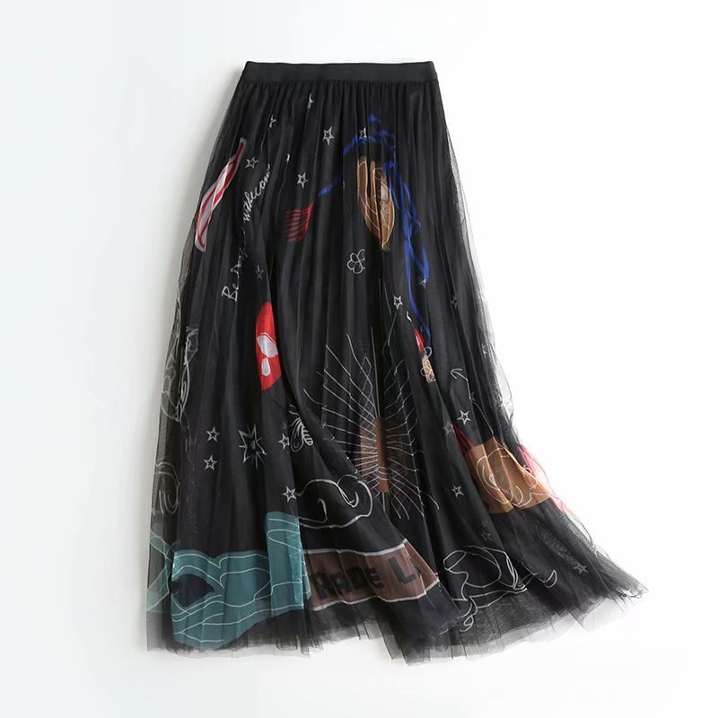 High Waist Slimming Printed Mesh Midi Skirt