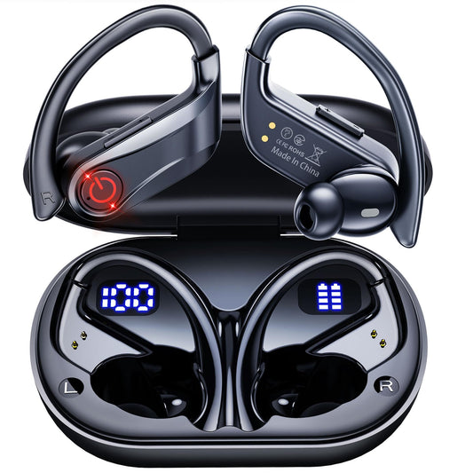 VNMN Wireless Earbuds Bluetooth Headphones Sports Over-Ear Bluetooth 5.3 Ear Buds with Earhooks 120H Playtime Wireless Headphones for Workout Waterproof Bluetooth LED Power Display Black