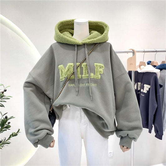Women's Hooded Sweater with Stitching and Velvet Detail