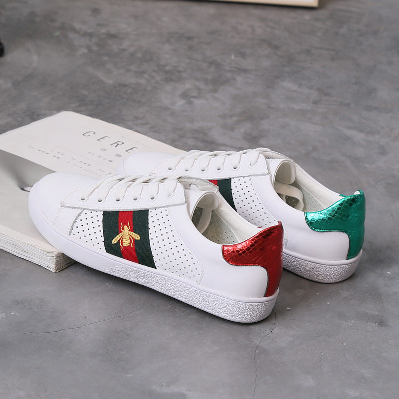 Genuine Leather White Sneakers with Bee Embroidery