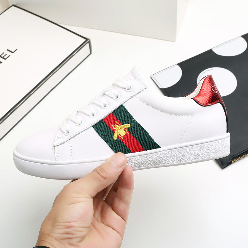 Genuine Leather White Sneakers with Bee Embroidery