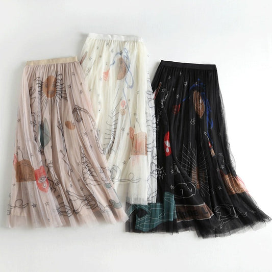 High Waist Slimming Printed Mesh Midi Skirt
