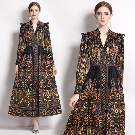 Vintage Court Style V-neck Lantern Sleeve Dress