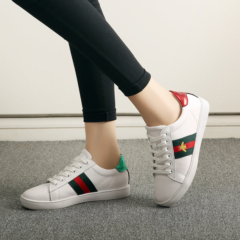 Genuine Leather White Sneakers with Bee Embroidery
