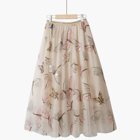 Golden Silk High Waist Retro Lace Dragonfly Skirt