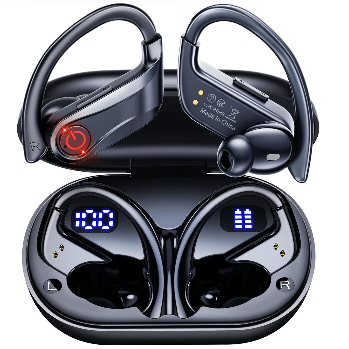 VNMN Wireless Earbuds Bluetooth Headphones Sports Over-Ear Bluetooth 5.3 Ear Buds with Earhooks 120H Playtime Wireless Headphones for Workout Waterproof Bluetooth LED Power Display Black