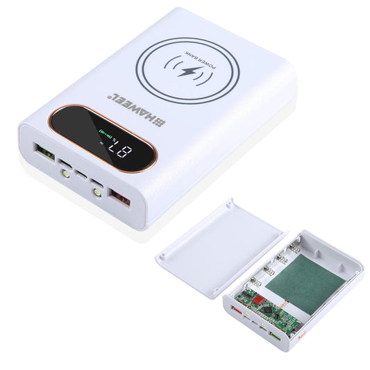 2-in-1 Cell Phone Wireless Charger Mobile Power Battery Charger SetPortable Battery Charger with LCD Display and 2 USB Output Ports，DIY 4 * 21700 Solderless White Battery Box(Battery Not Included)