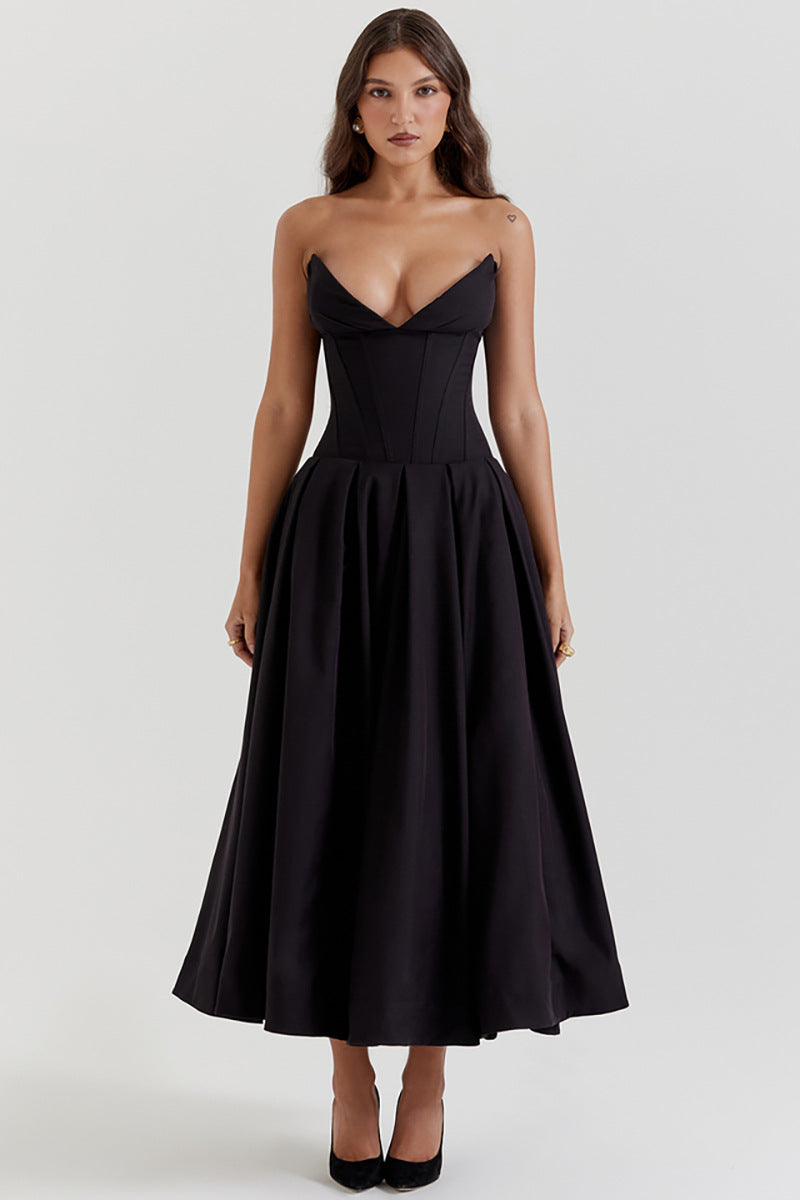 Backless Black Fishbone Corset Tube Top Dress